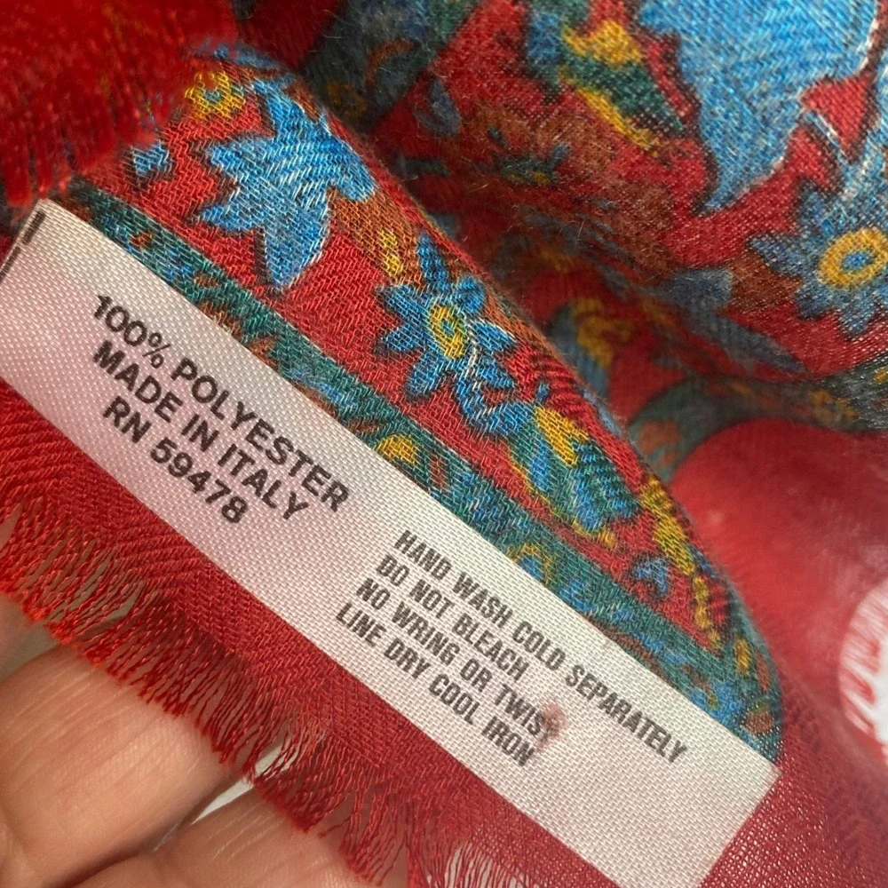 Vintage Made in Italy Red Floral Paisley Square Scarf Fringed 31x31